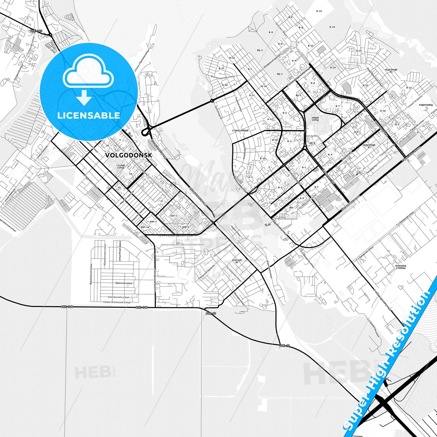 Volgodonsk, Russia Light Map with Street Names, City Names, and Districts