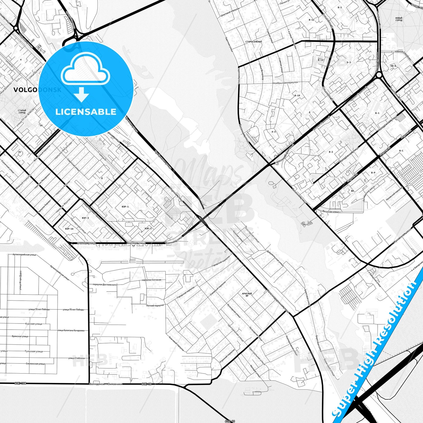 Volgodonsk, Russia Light Map with Street Names, City Names, and Districts