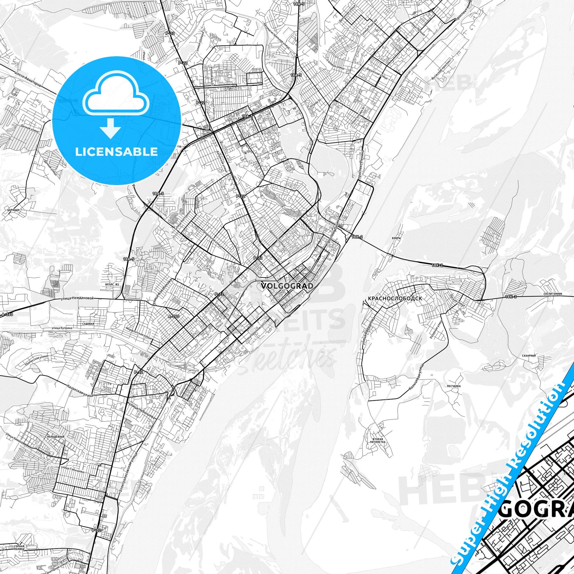 Volgograd, Russia light map with streetnames, citynames and districts