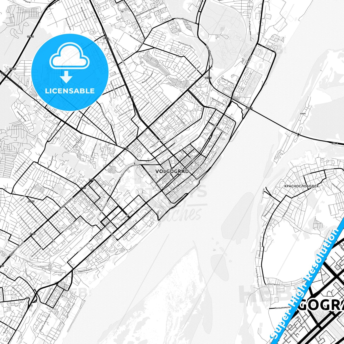 Volgograd, Russia Light Map with Street Names, City Names, and Districts