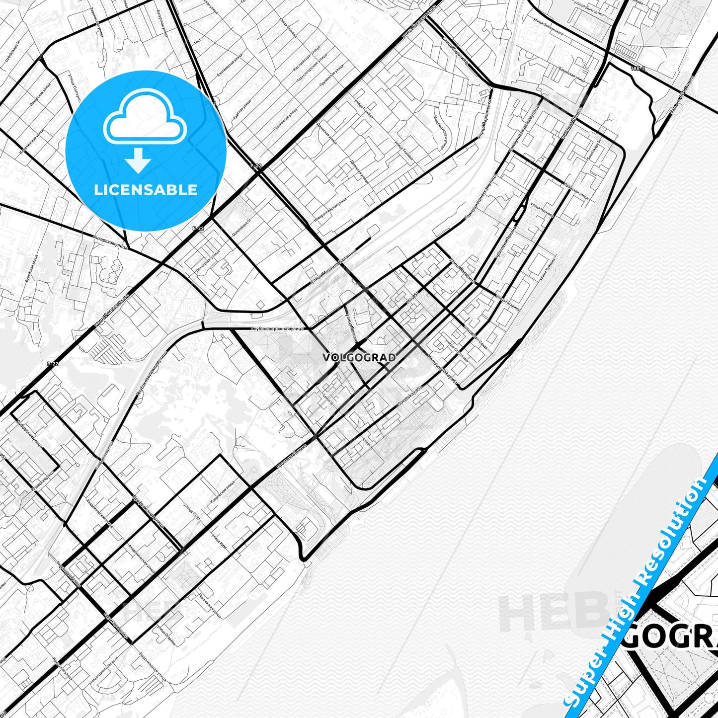 Volgograd, Russia Light Map with Street Names, City Names, and Districts