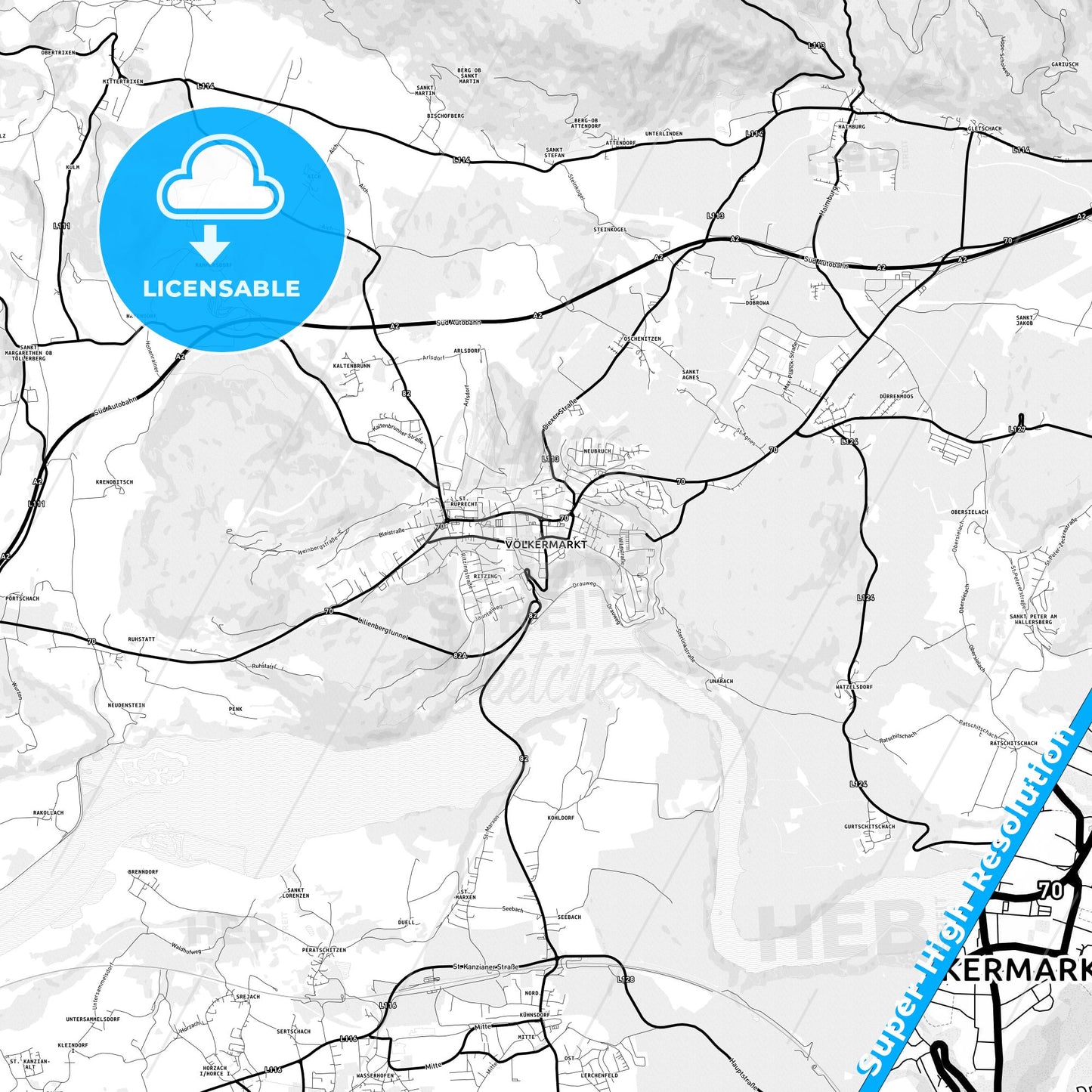 Völkermarkt, Austria Light Map with Street Names, City Names, and Districts