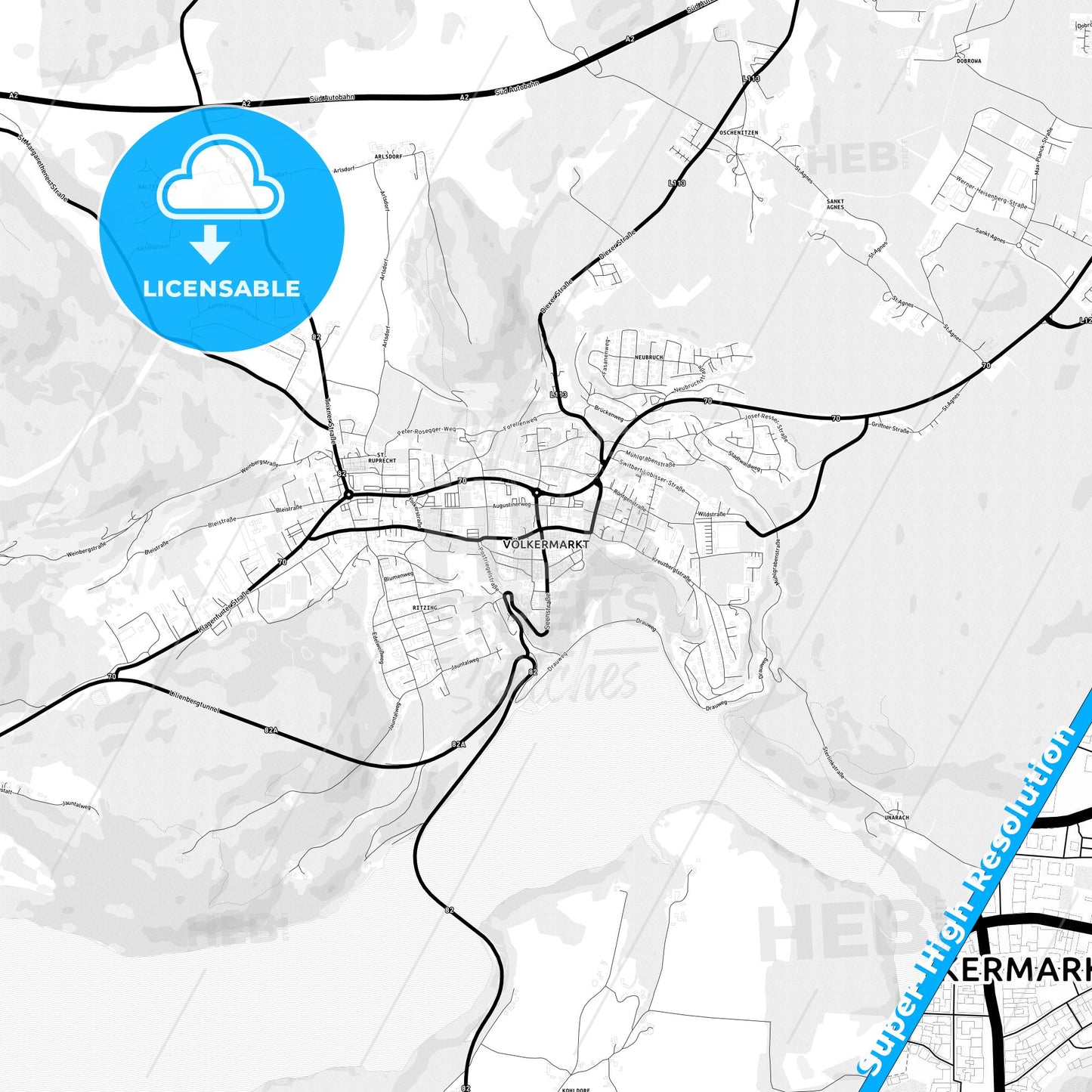 Völkermarkt, Austria Light Map with Street Names, City Names, and Districts