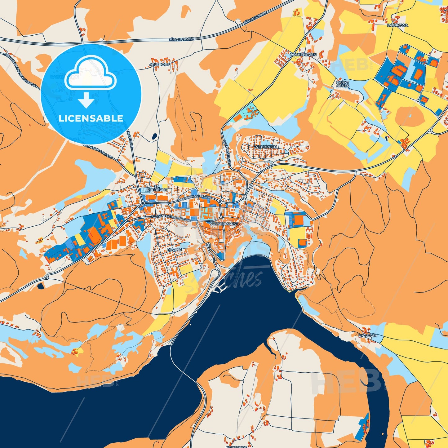 Colorful Völkermarkt Street Map with Labels and Buildings