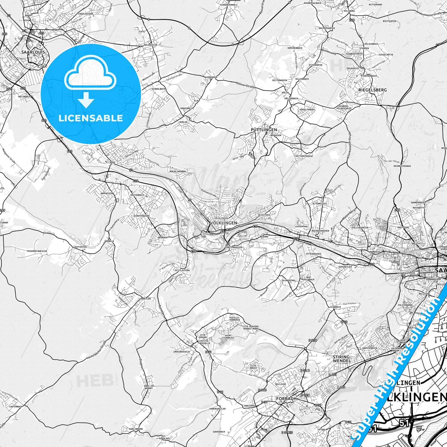 Volklingen, Germany light map with streetnames, citynames and districts