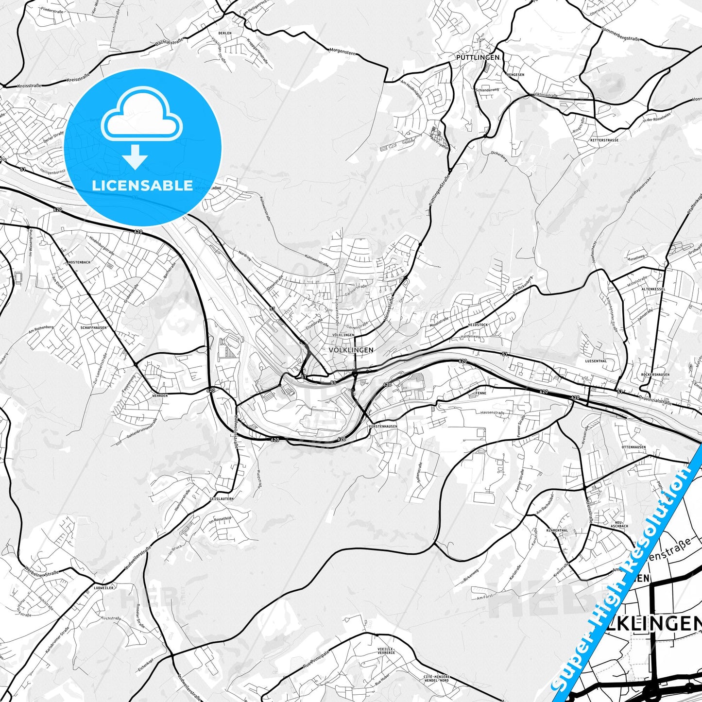 Volklingen, Germany Light Map with Street Names, City Names, and Districts