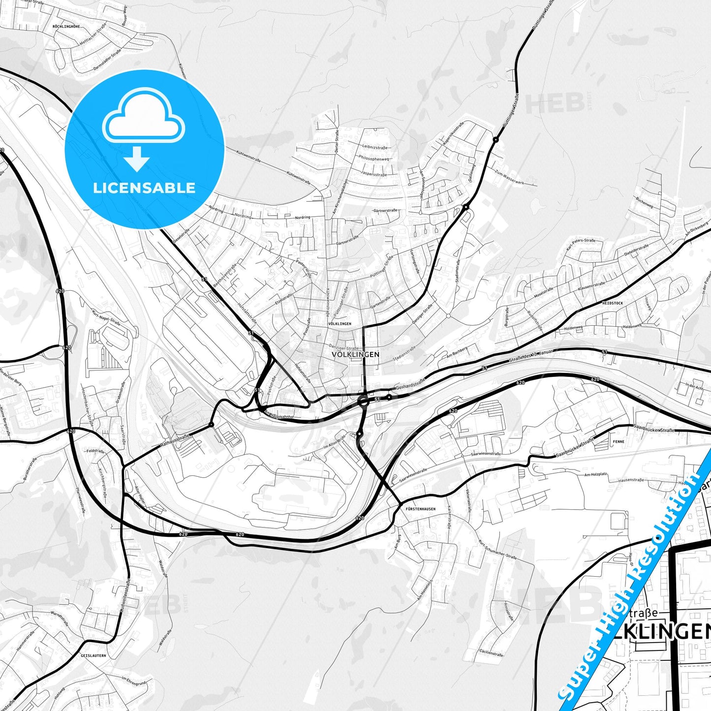 Volklingen, Germany Light Map with Street Names, City Names, and Districts