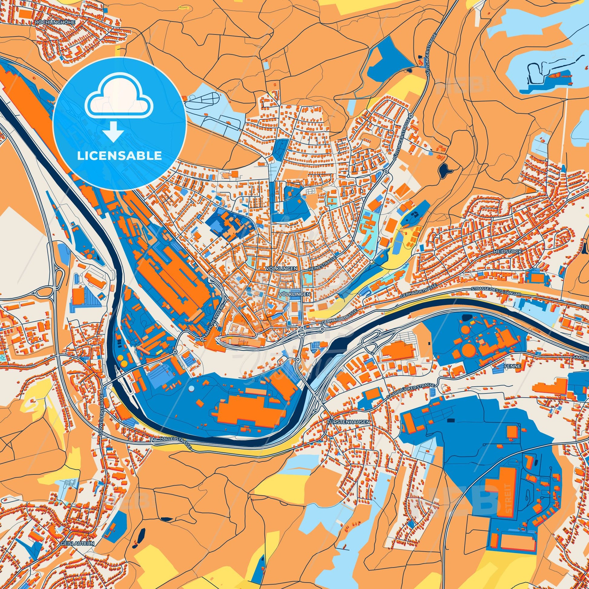 Colorful Volklingen Street Map with Labels and Buildings