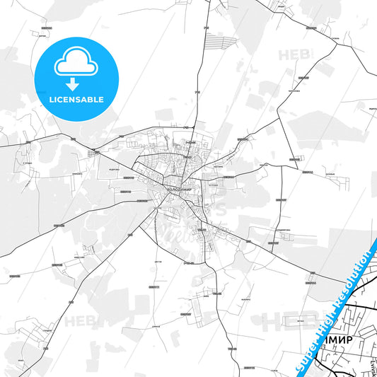 Volodymyr-Volynskyi, Ukraine light map with streetnames, citynames and districts