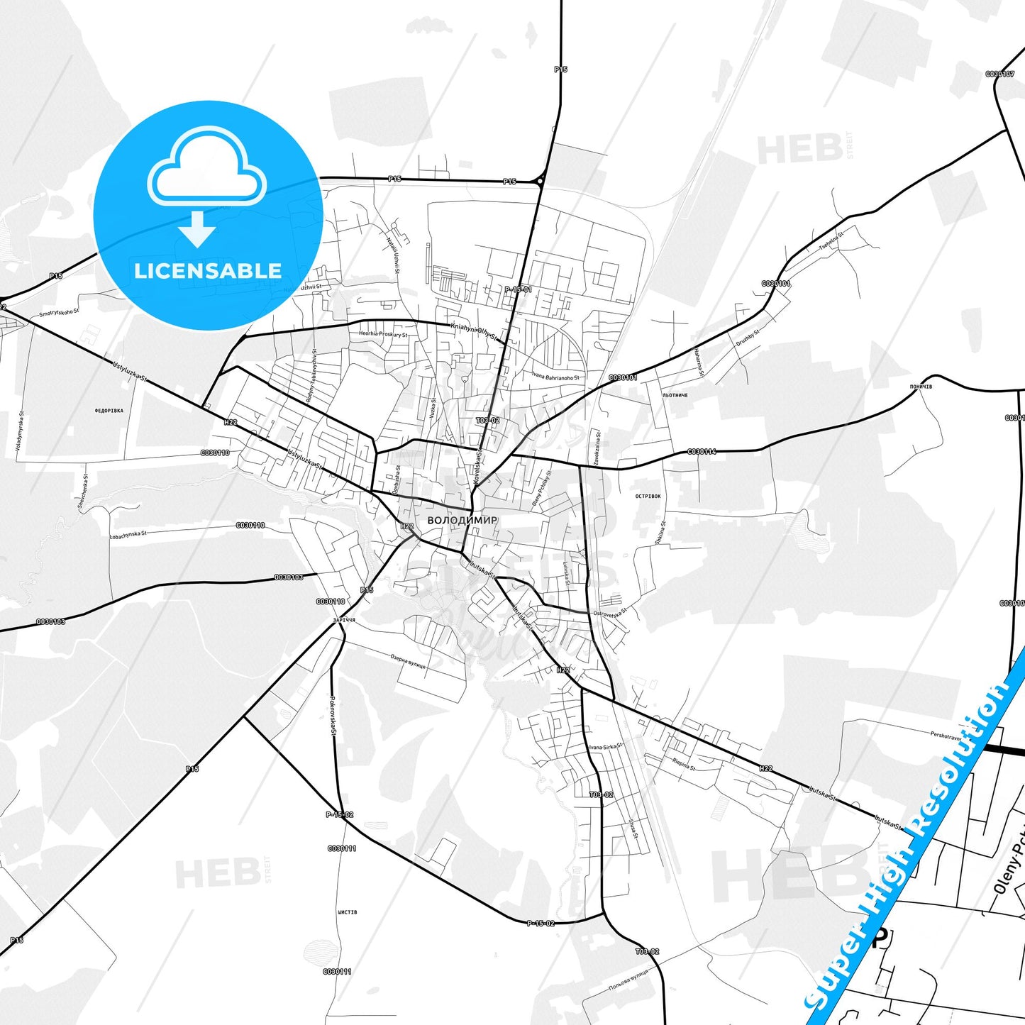 Volodymyr-Volynskyi, Ukraine Light Map with Street Names, City Names, and Districts