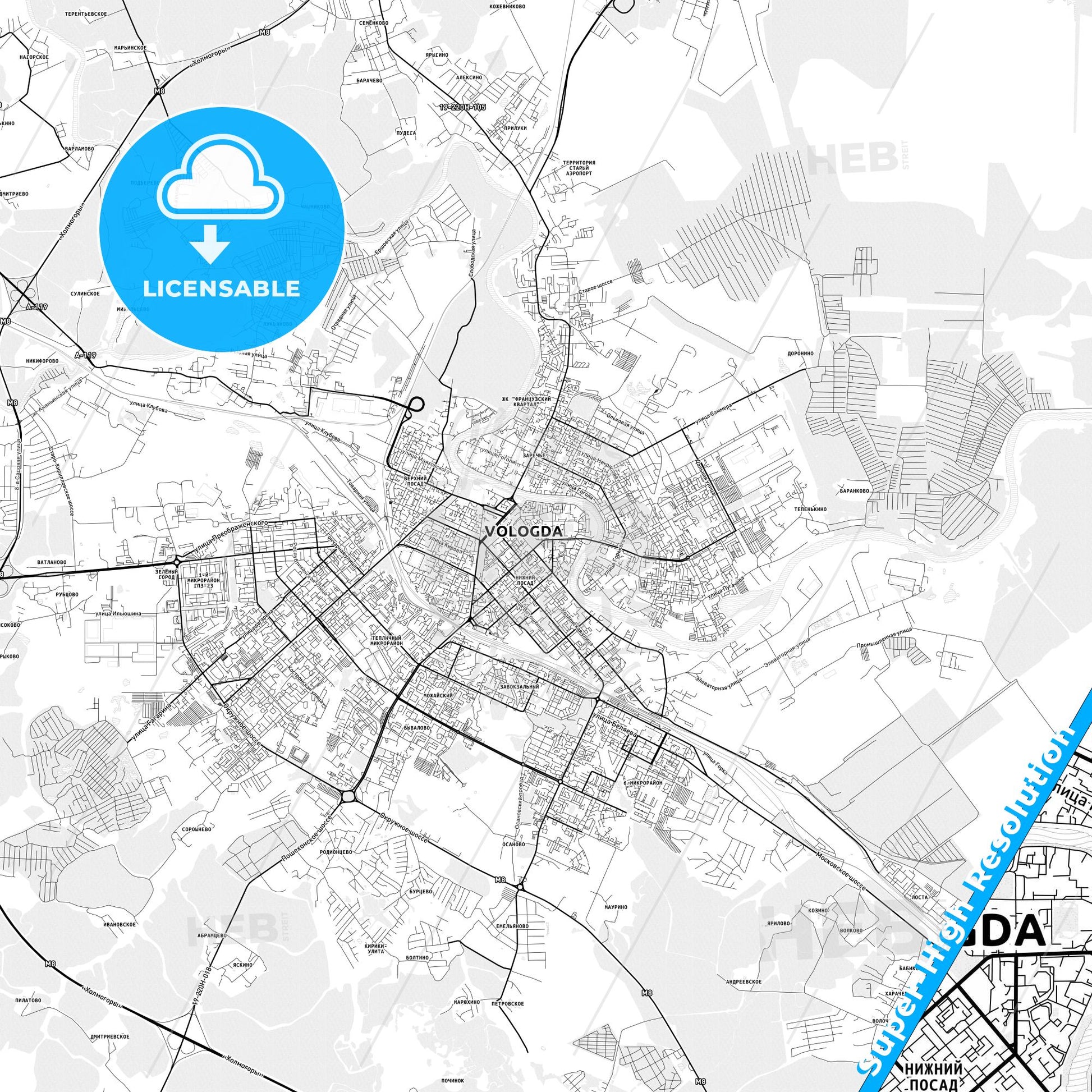 Vologda, Russia light map with streetnames, citynames and districts