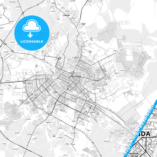 Vologda, Russia light map with streetnames, citynames and districts