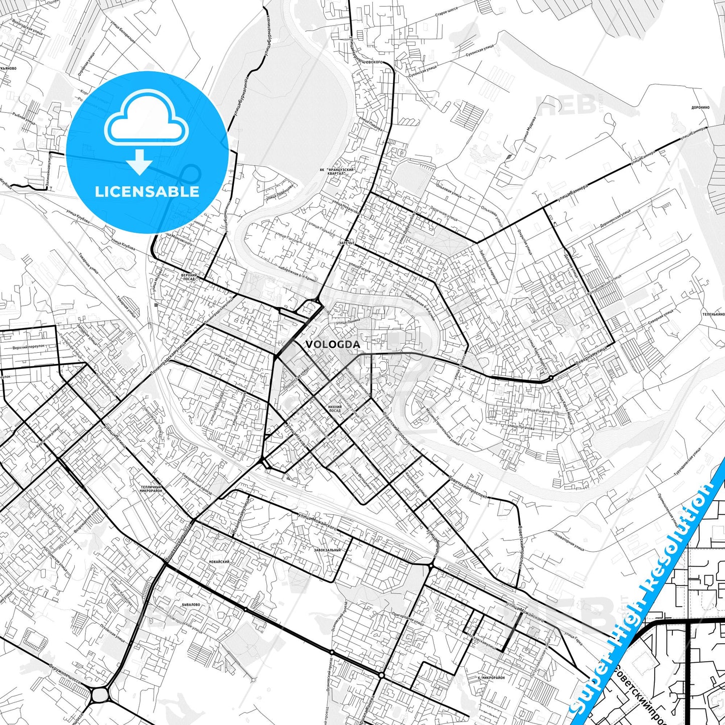 Vologda, Russia Light Map with Street Names, City Names, and Districts