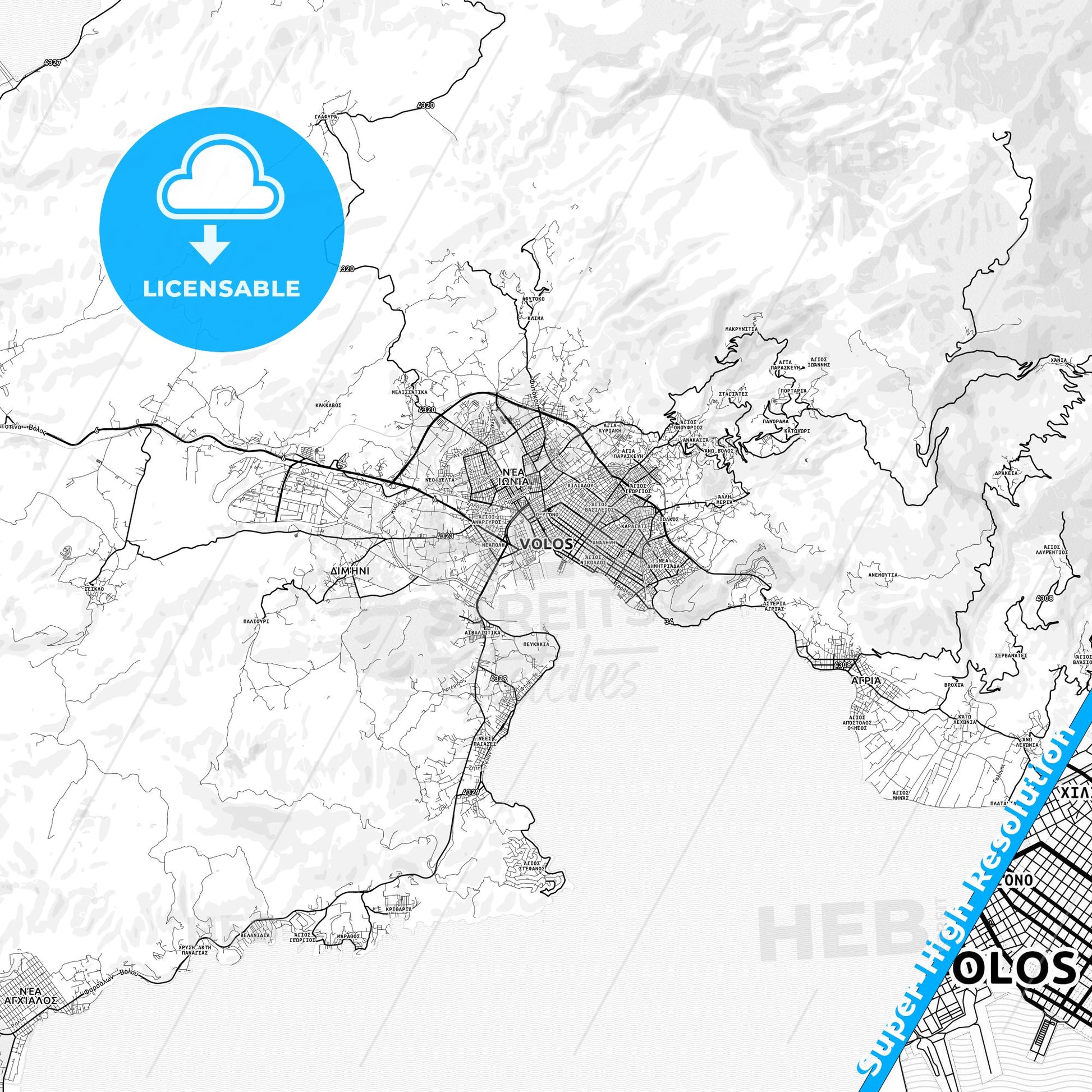 Volos, Greece light map with streetnames, citynames and districts