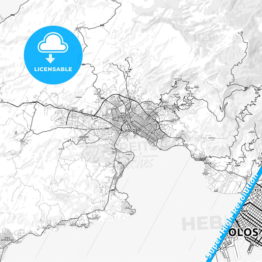 Volos, Greece light map with streetnames, citynames and districts