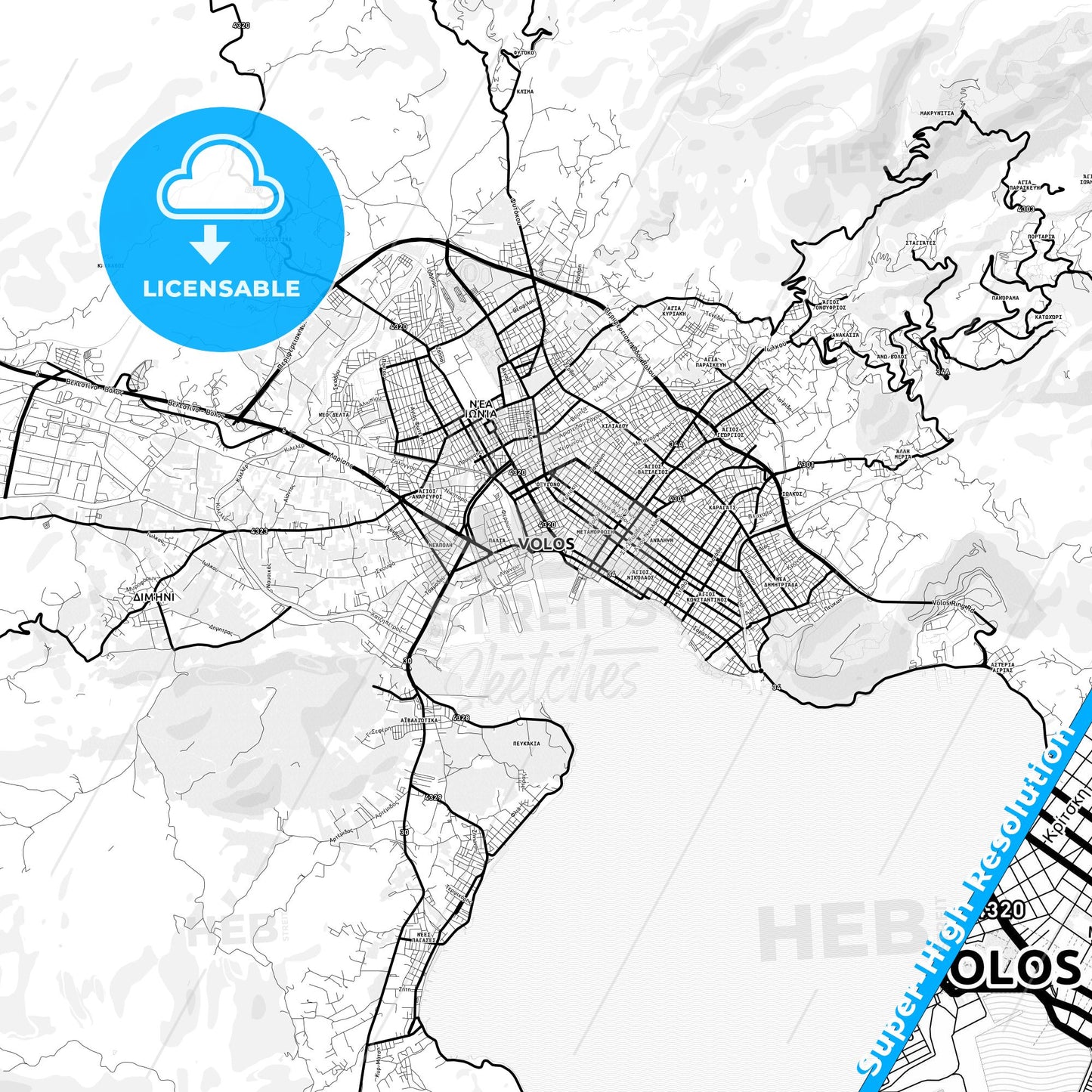 Volos, Greece Light Map with Street Names, City Names, and Districts