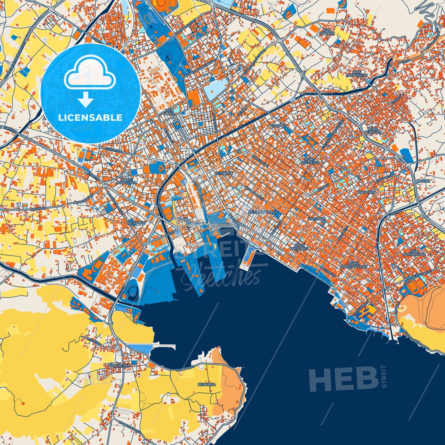 Colorful Volos Street Map with Labels and Buildings