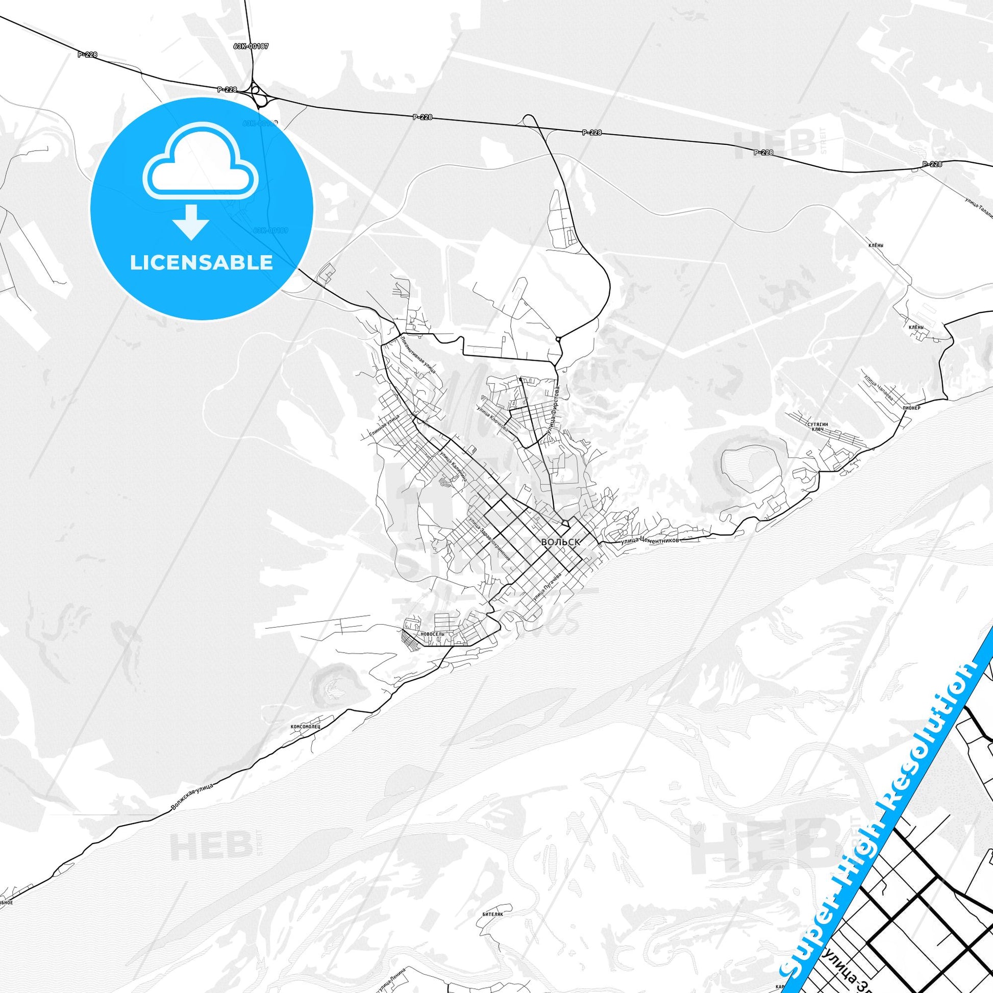 Volsk, Russia light map with streetnames, citynames and districts