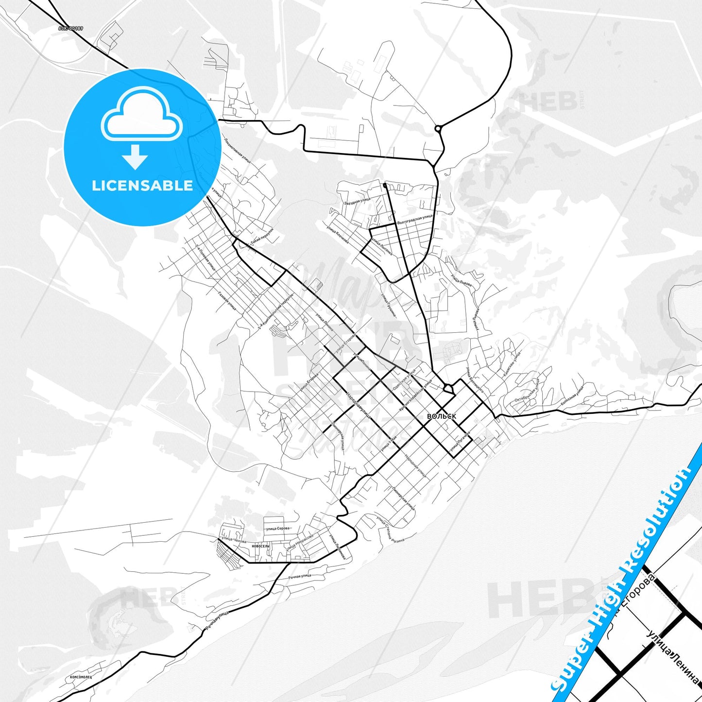 Volsk, Russia Light Map with Street Names, City Names, and Districts