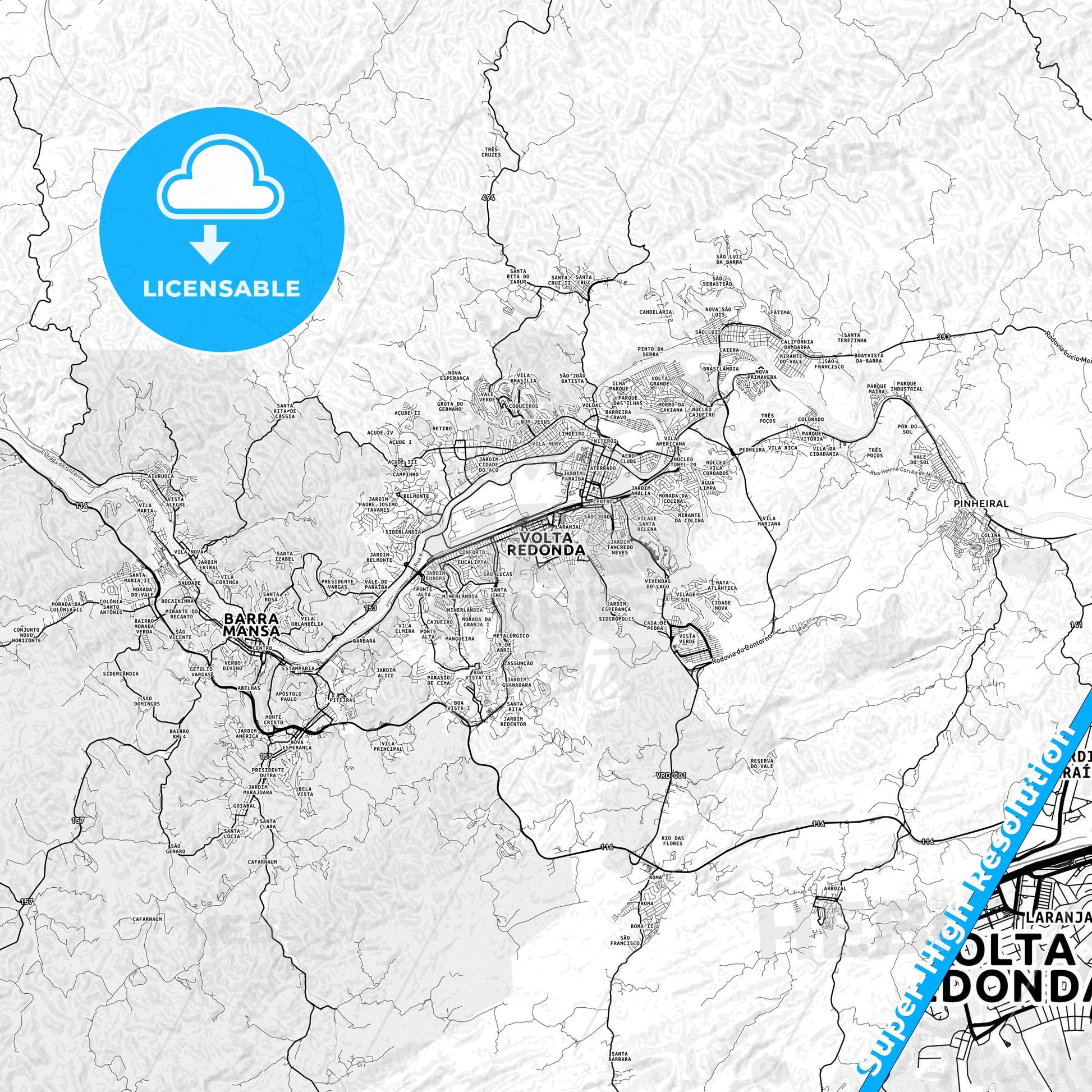 Volta Redonda, Brazil light map with streetnames, citynames and districts
