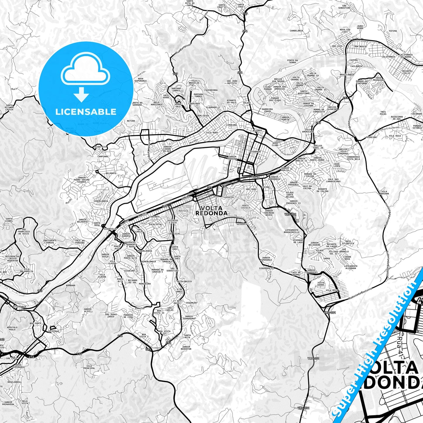 Volta Redonda, Brazil Light Map with Street Names, City Names, and Districts