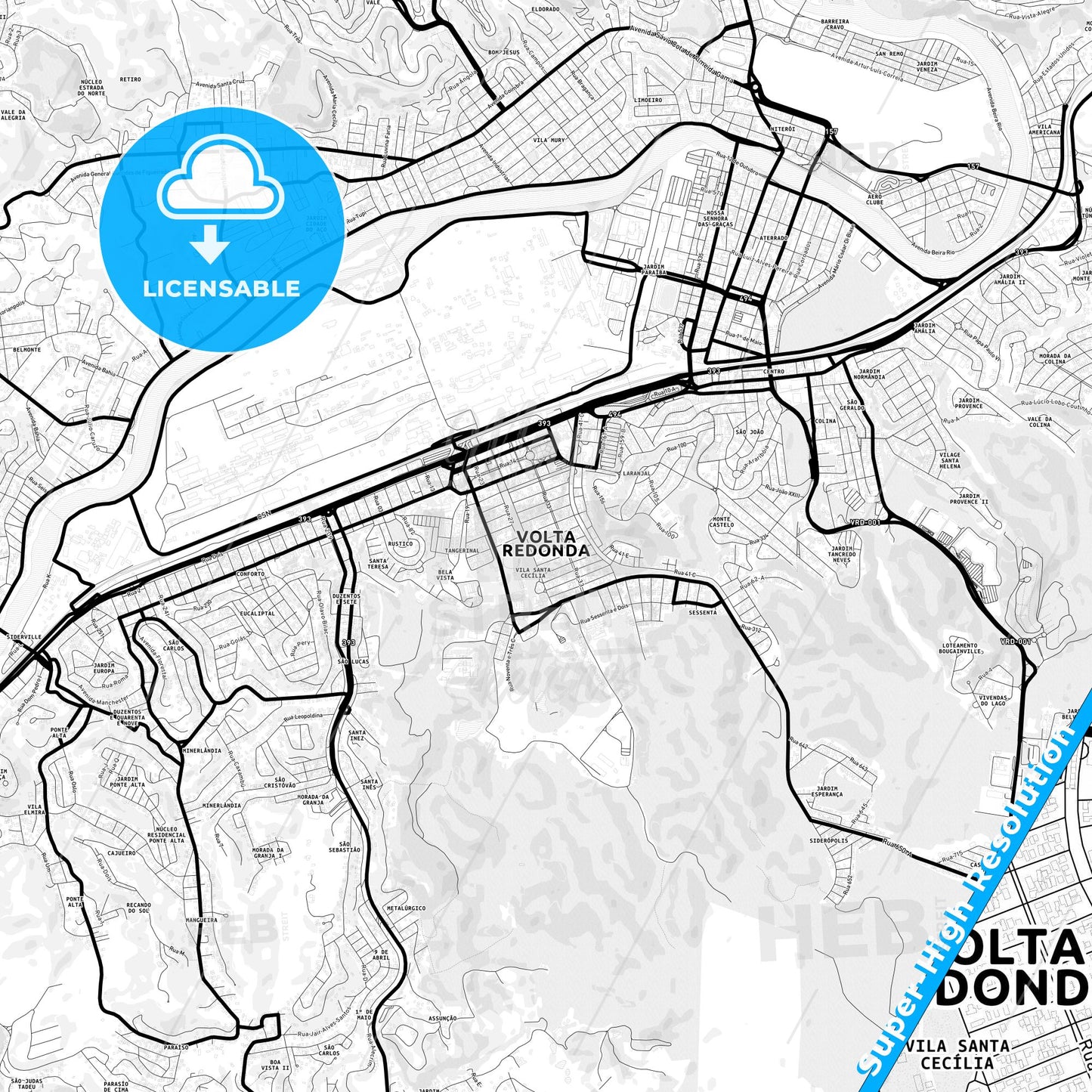 Volta Redonda, Brazil Light Map with Street Names, City Names, and Districts