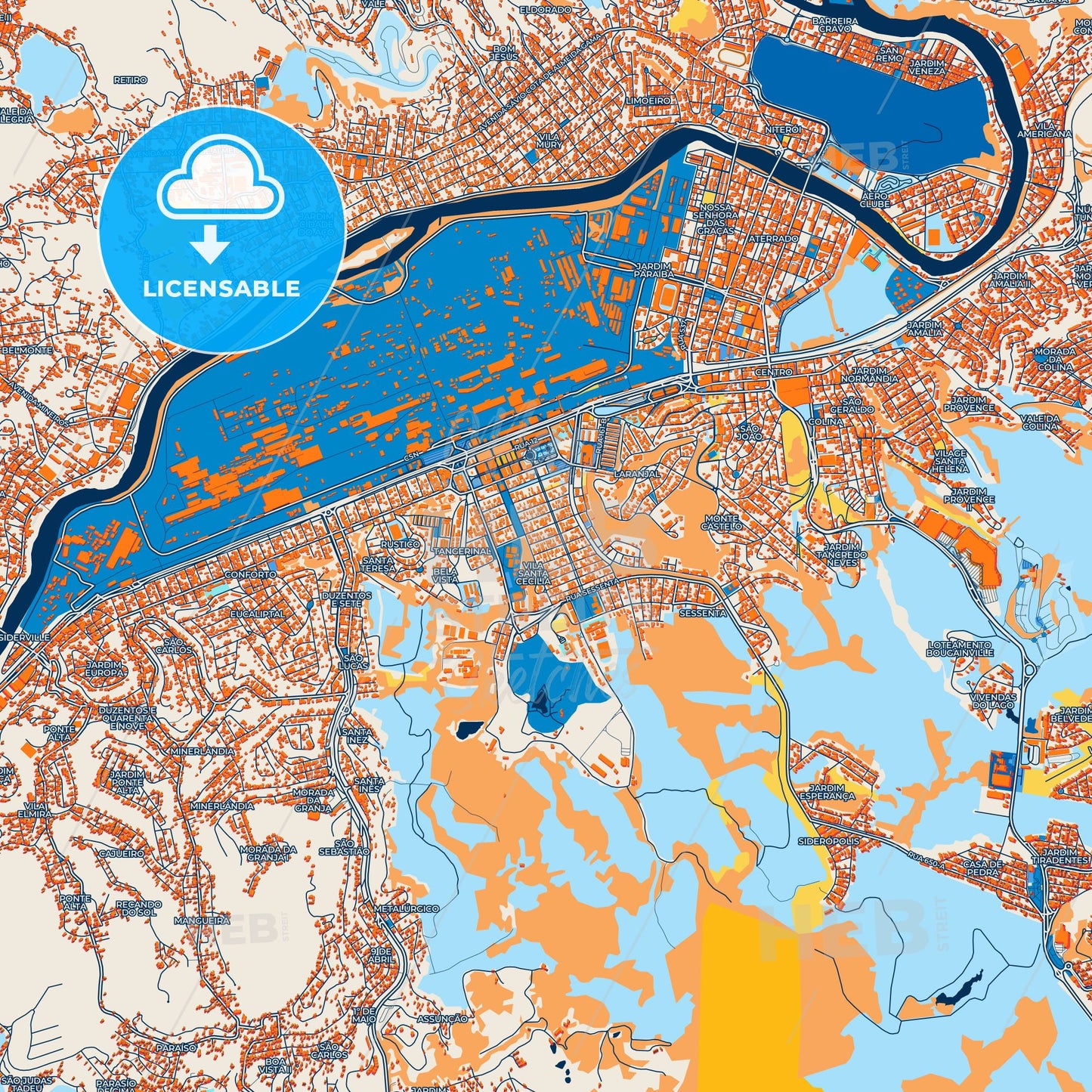 Colorful Volta Redonda Street Map with Labels and Buildings