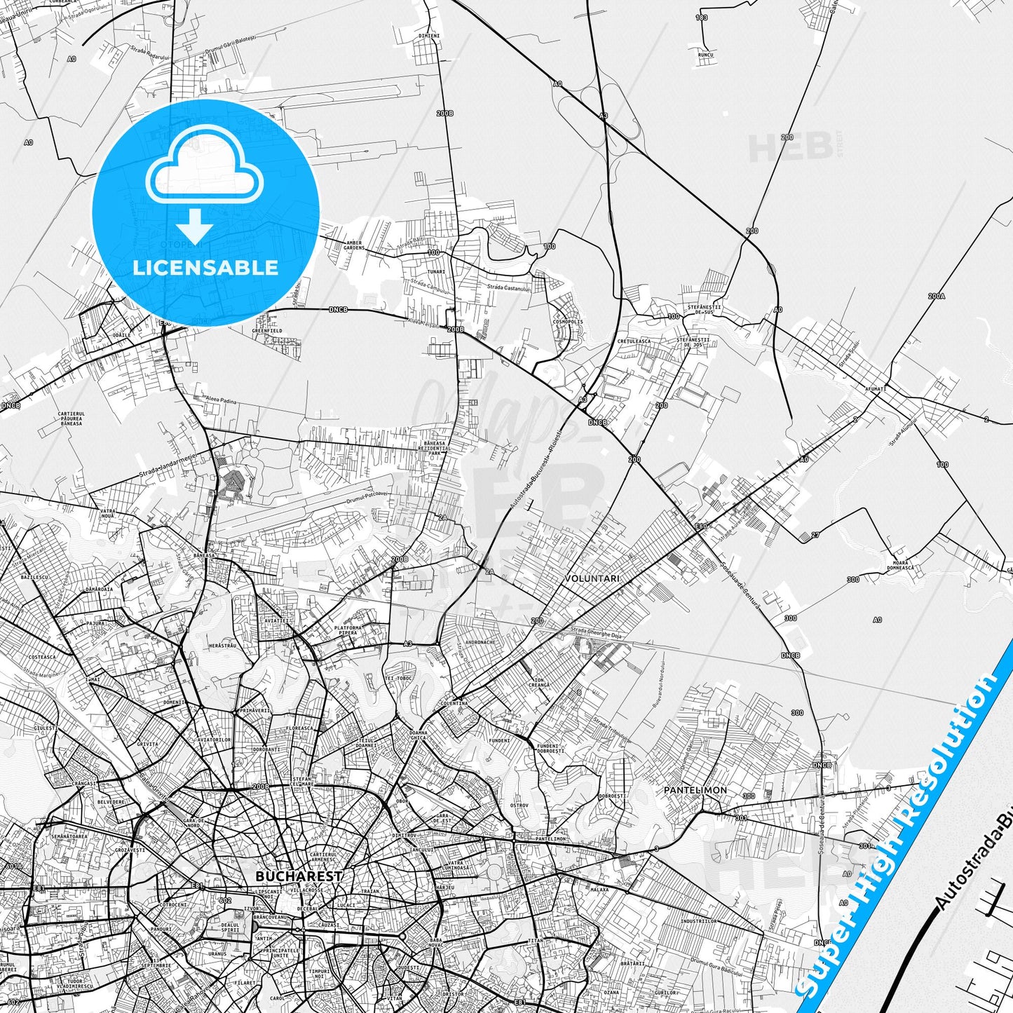 Voluntari, Romania light map with streetnames, citynames and districts