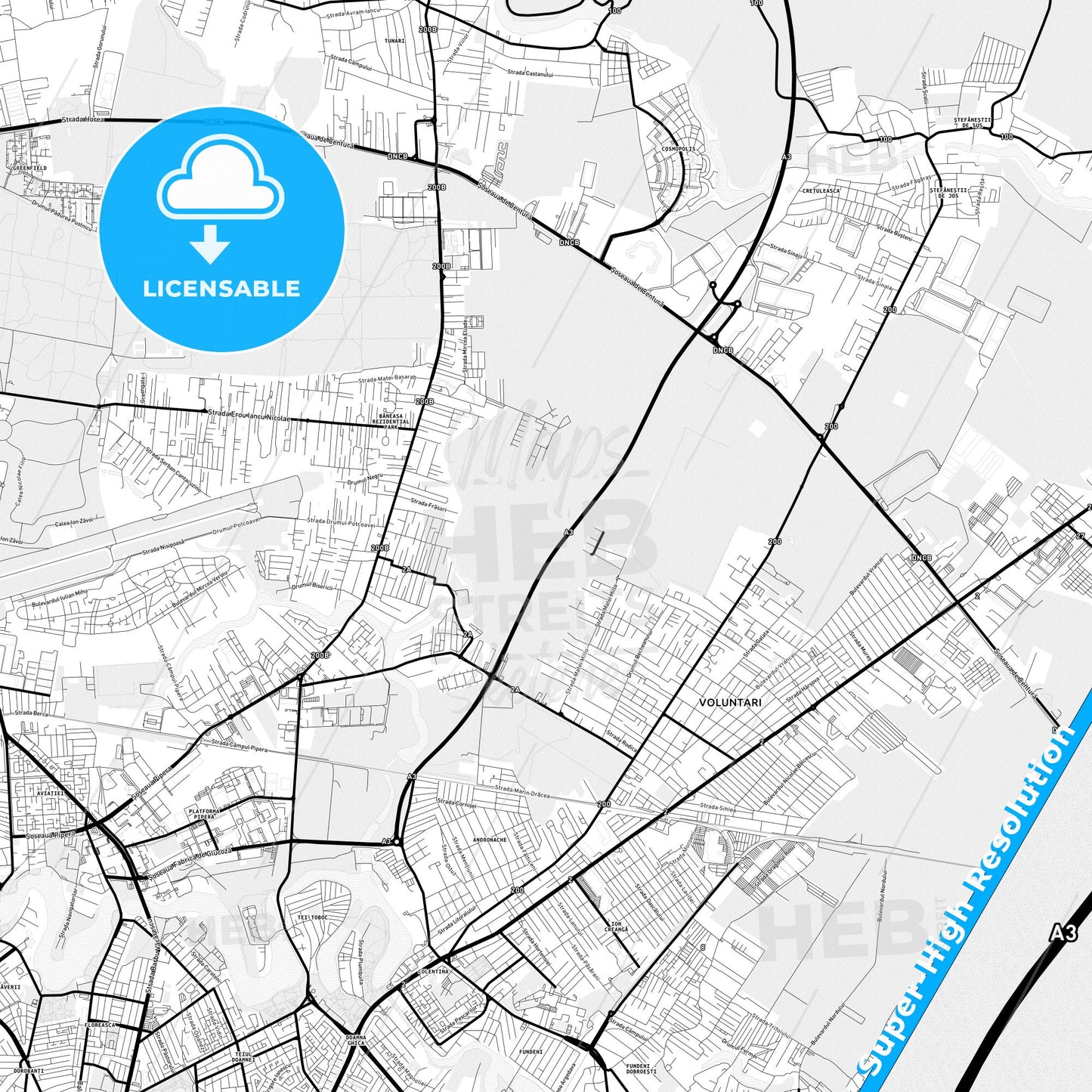 Voluntari, Romania Light Map with Street Names, City Names, and Districts
