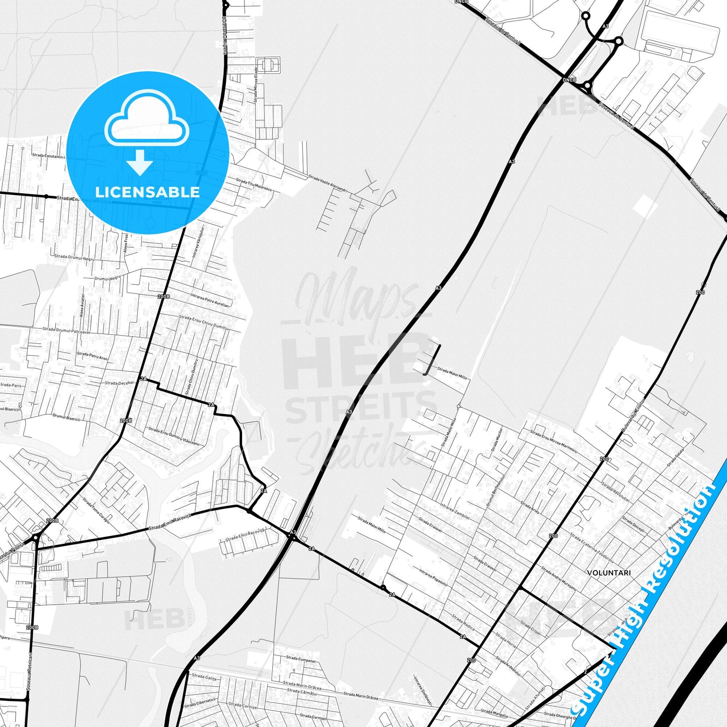 Voluntari, Romania Light Map with Street Names, City Names, and Districts