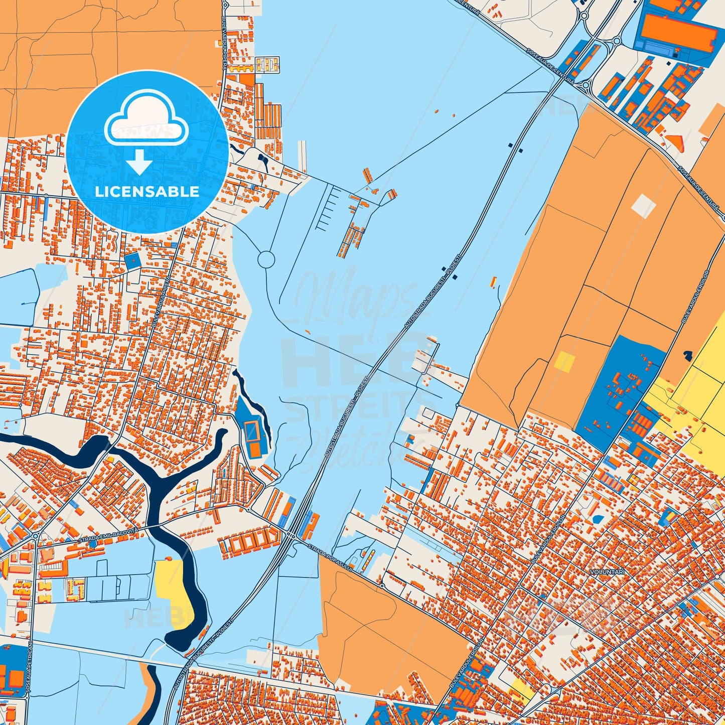 Colorful Voluntari Street Map with Labels and Buildings