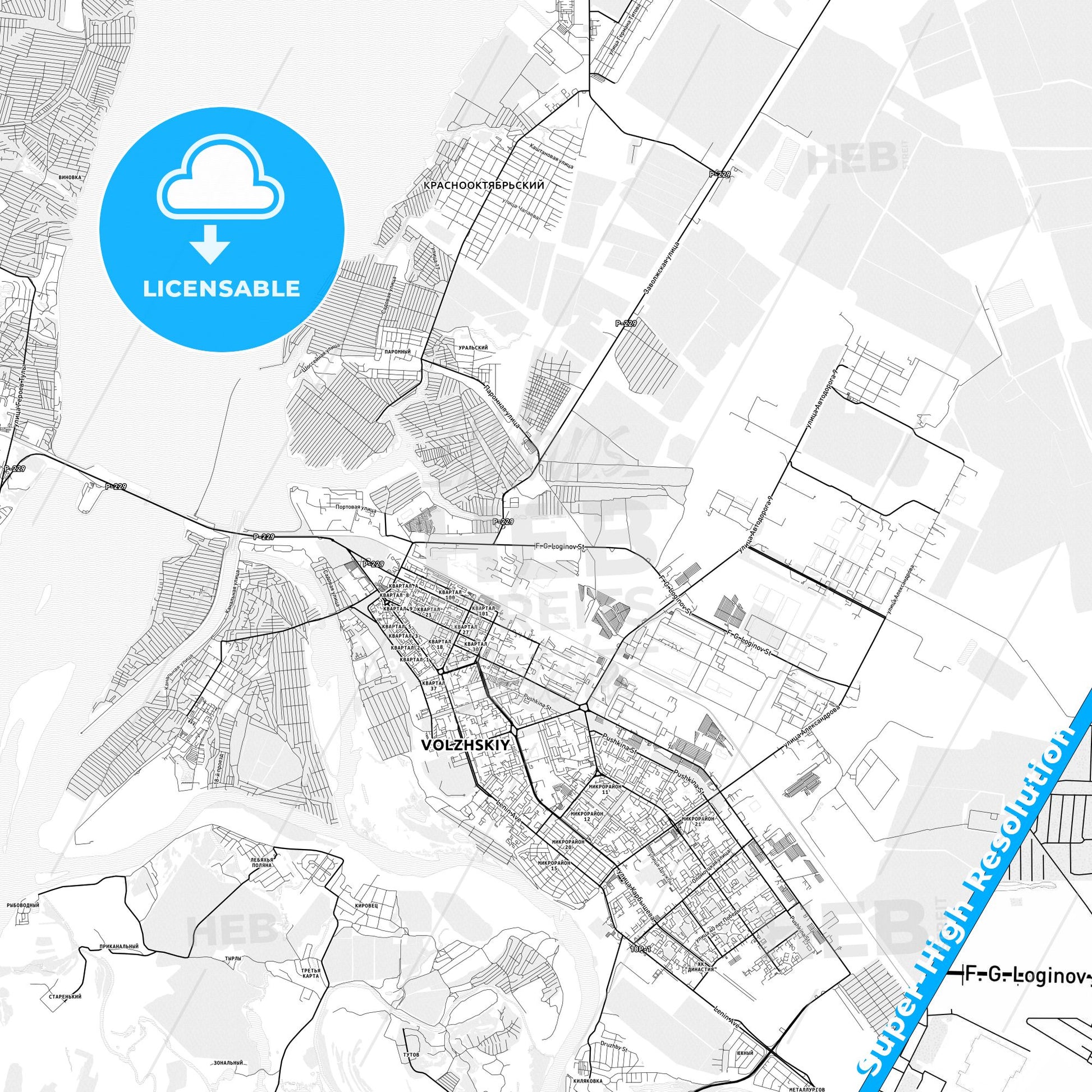 Volzhsky, Russia light map with streetnames, citynames and districts
