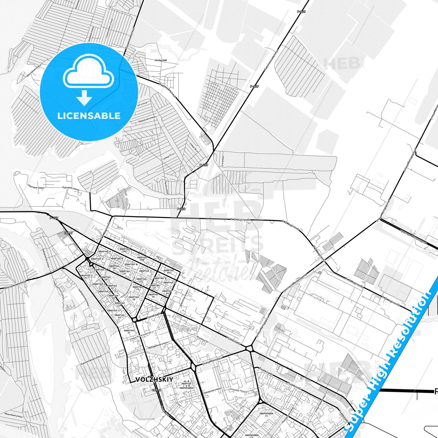 Volzhsky, Russia Light Map with Street Names, City Names, and Districts