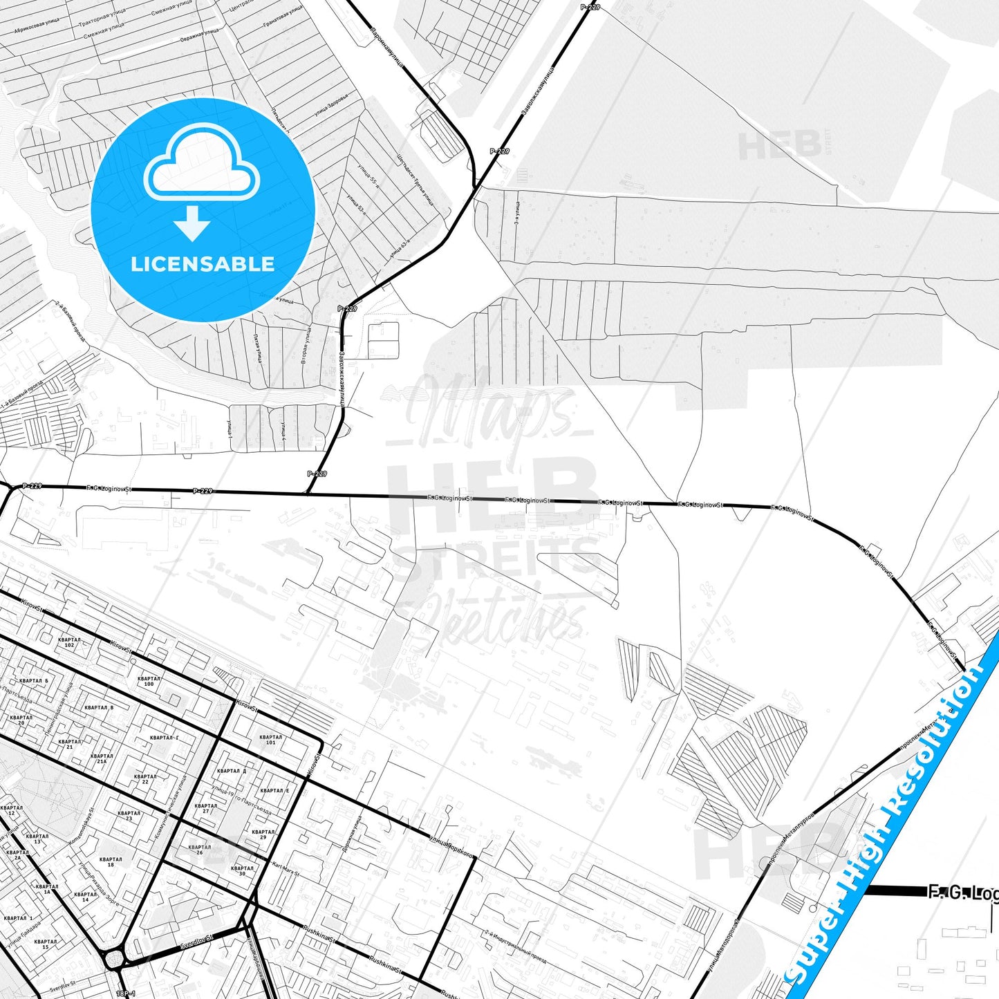 Volzhsky, Russia Light Map with Street Names, City Names, and Districts
