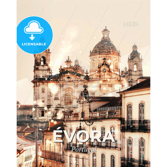 Evora City Lights Skyline Double Exposure Poster - A building with a dome shaped roof - Square format print template