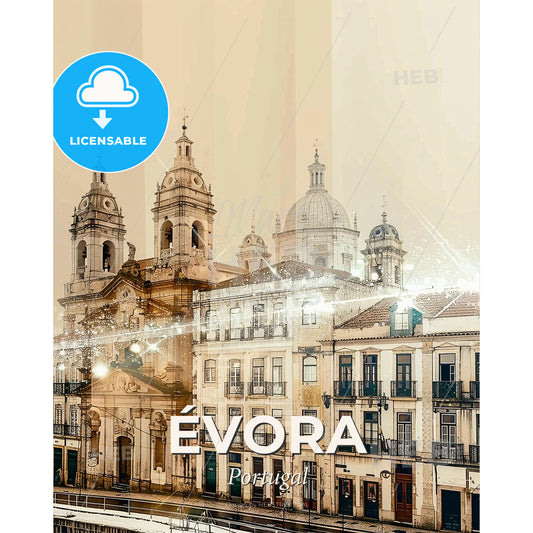 Évora Cityscape Composite Art Skyline - A building with a tower and a building with a roof - Square format print template