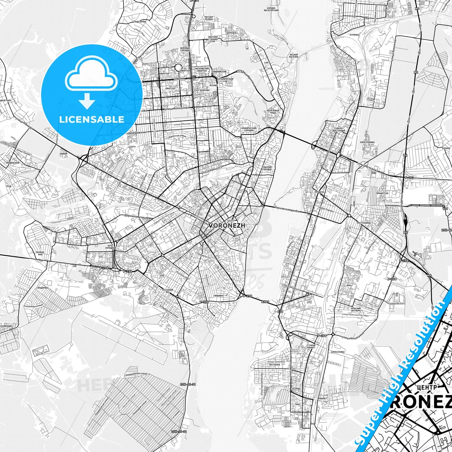 Voronezh, Russia light map with streetnames, citynames and districts