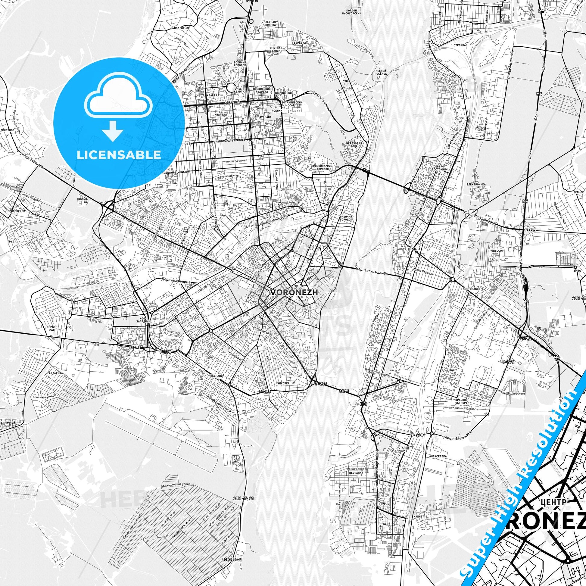 Voronezh, Russia light map with streetnames, citynames and districts