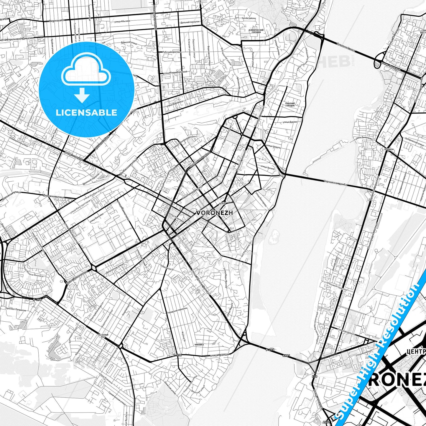Voronezh, Russia Light Map with Street Names, City Names, and Districts