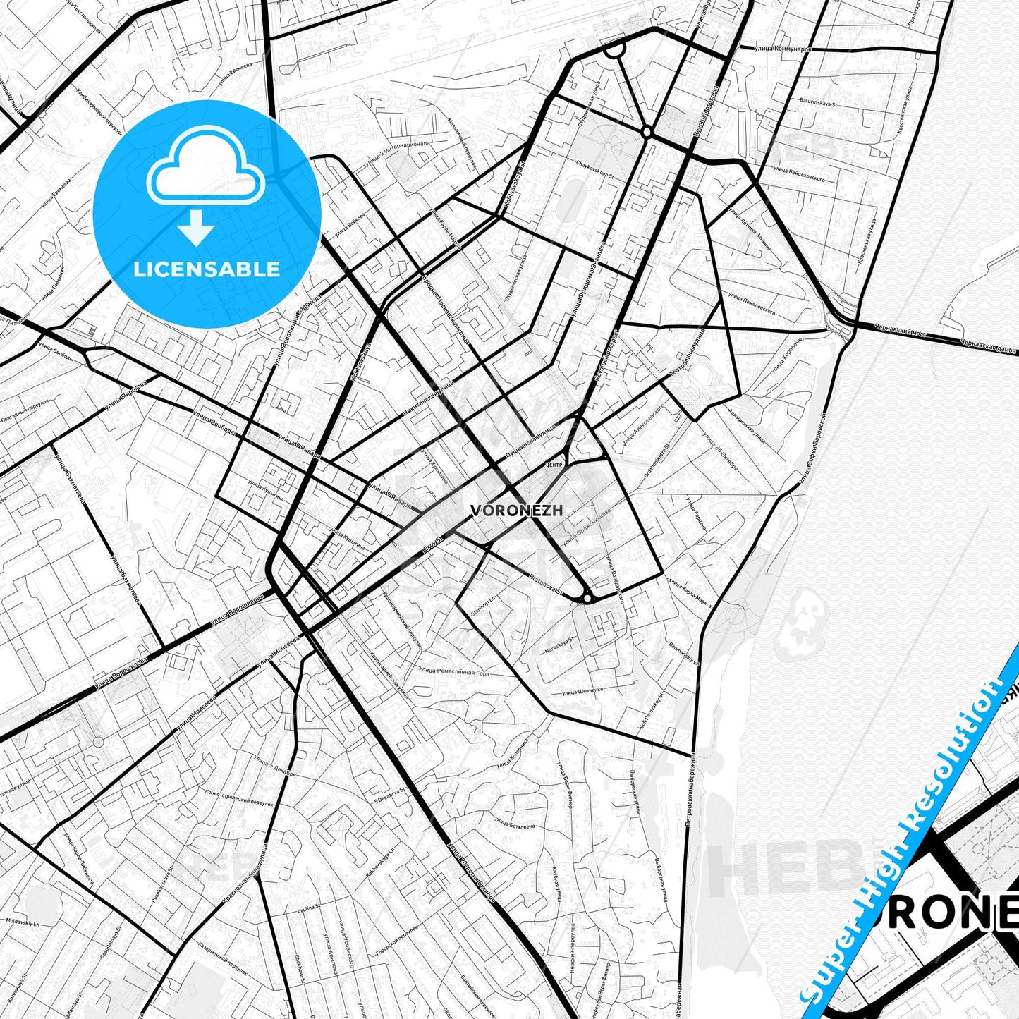 Voronezh, Russia Light Map with Street Names, City Names, and Districts