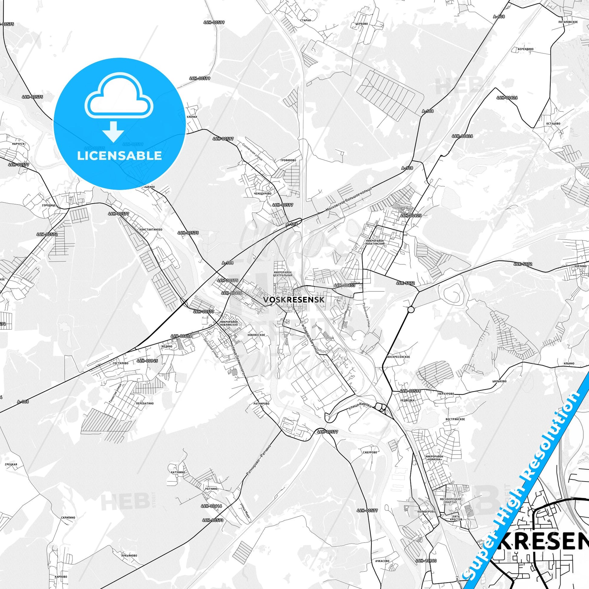 Voskresensk, Russia light map with streetnames, citynames and districts