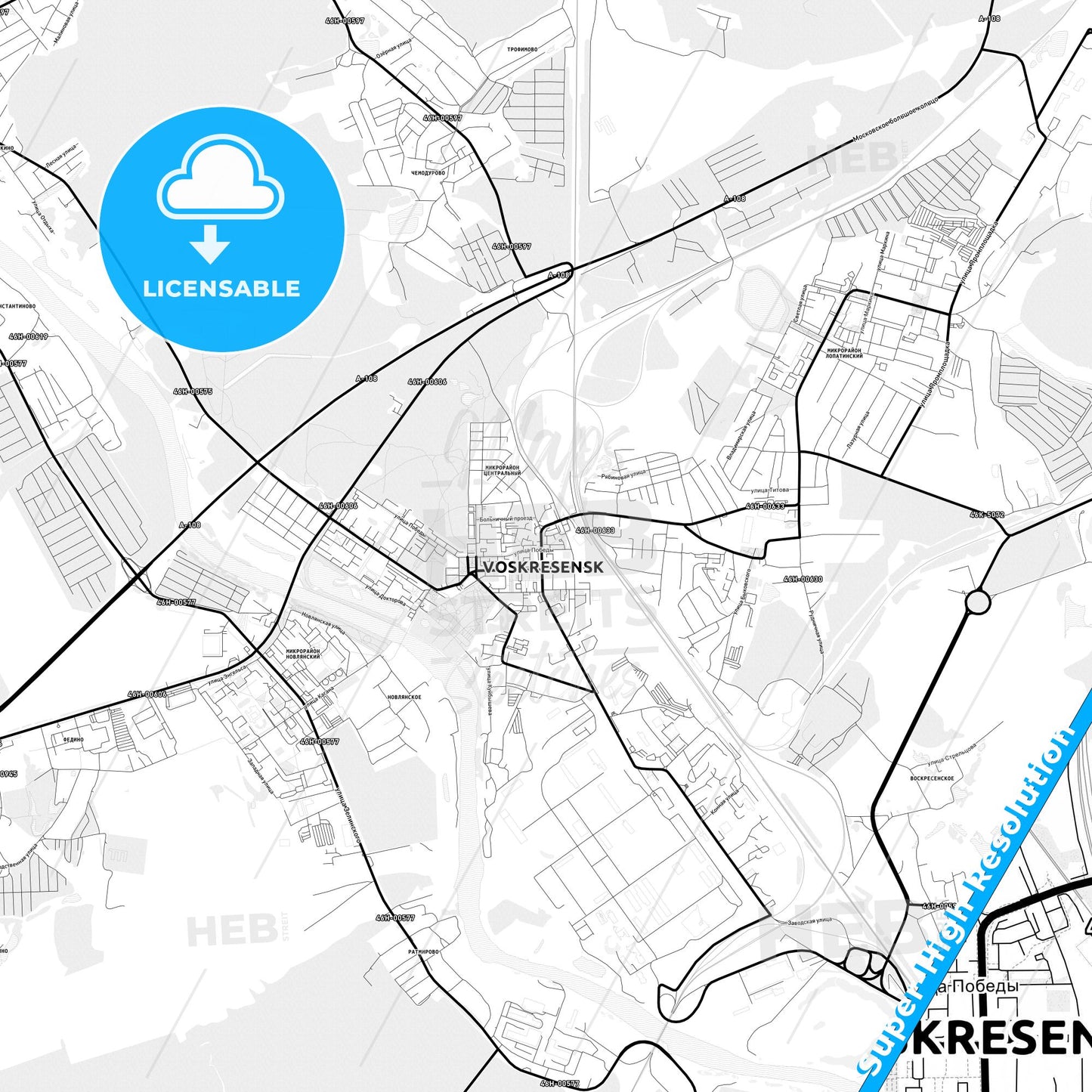 Voskresensk, Russia Light Map with Street Names, City Names, and Districts