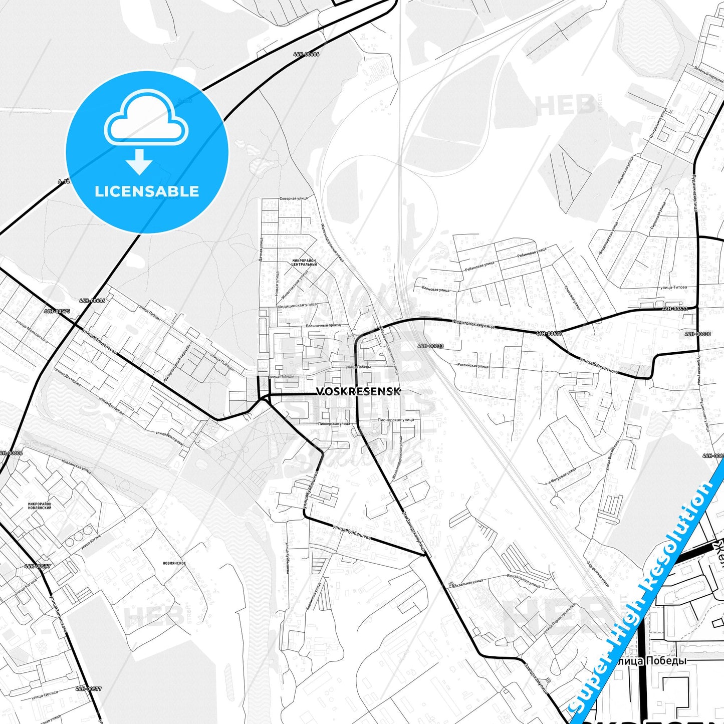 Voskresensk, Russia Light Map with Street Names, City Names, and Districts