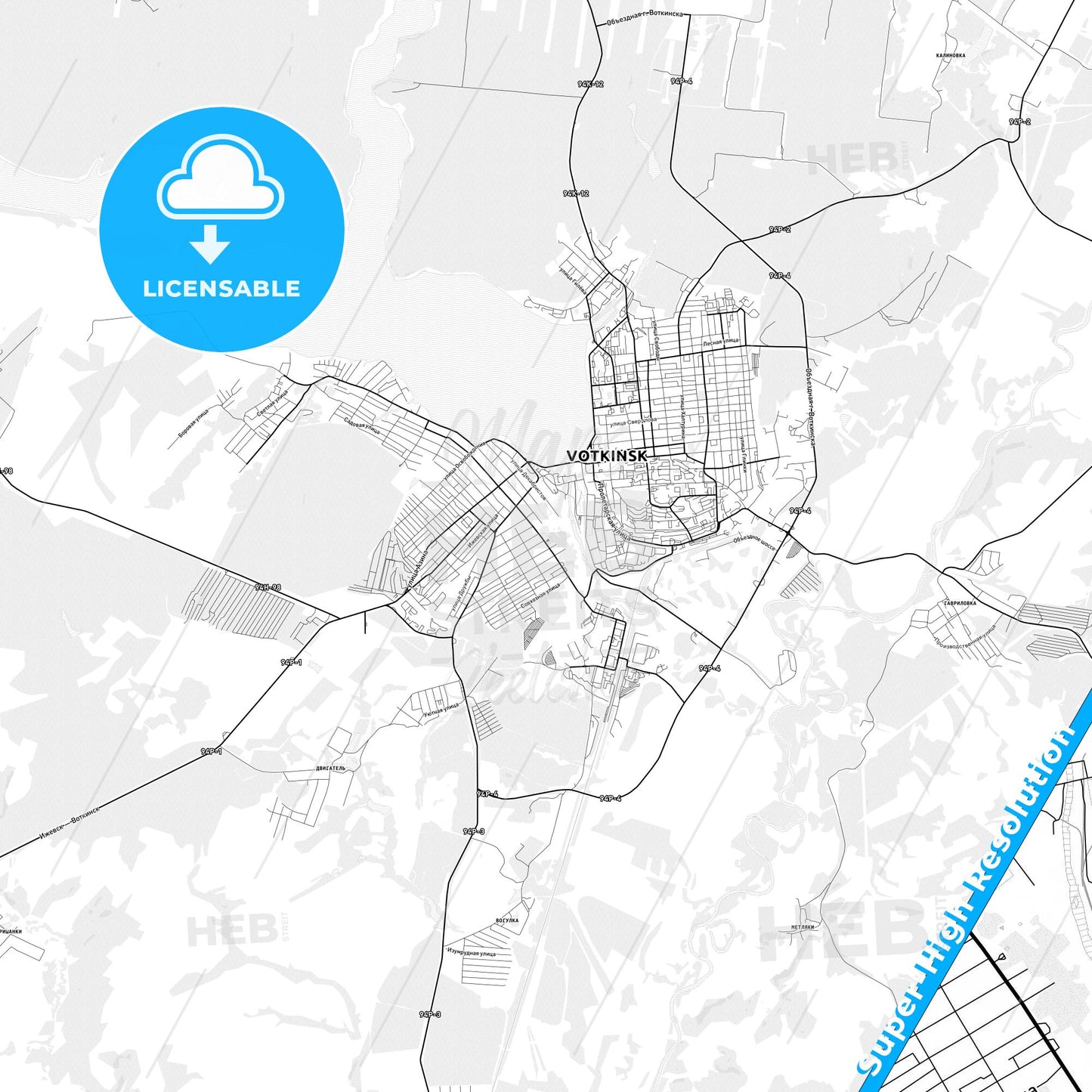 Votkinsk, Russia light map with streetnames, citynames and districts