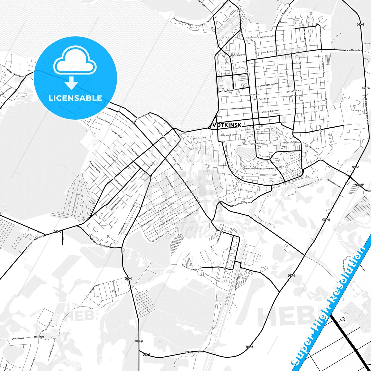 Votkinsk, Russia Light Map with Street Names, City Names, and Districts