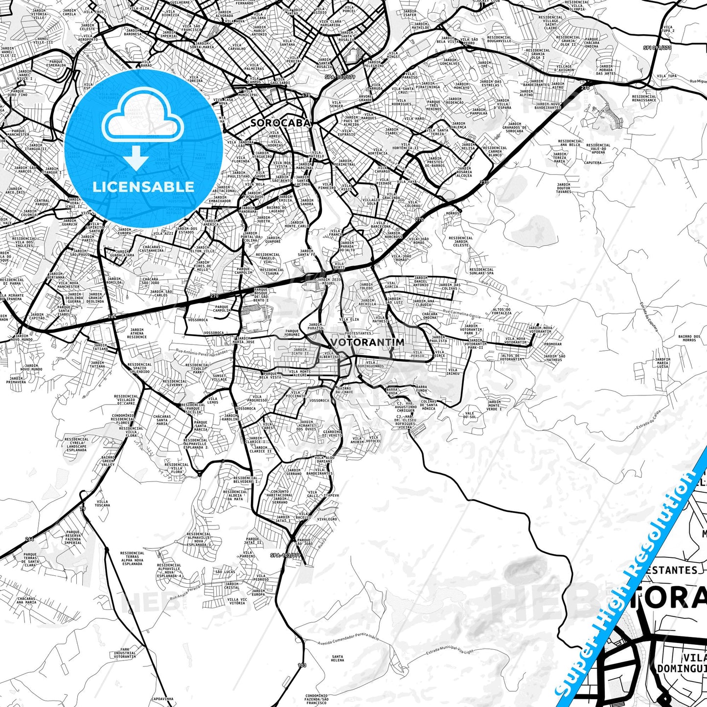 Votorantim, Brazil Light Map with Street Names, City Names, and Districts