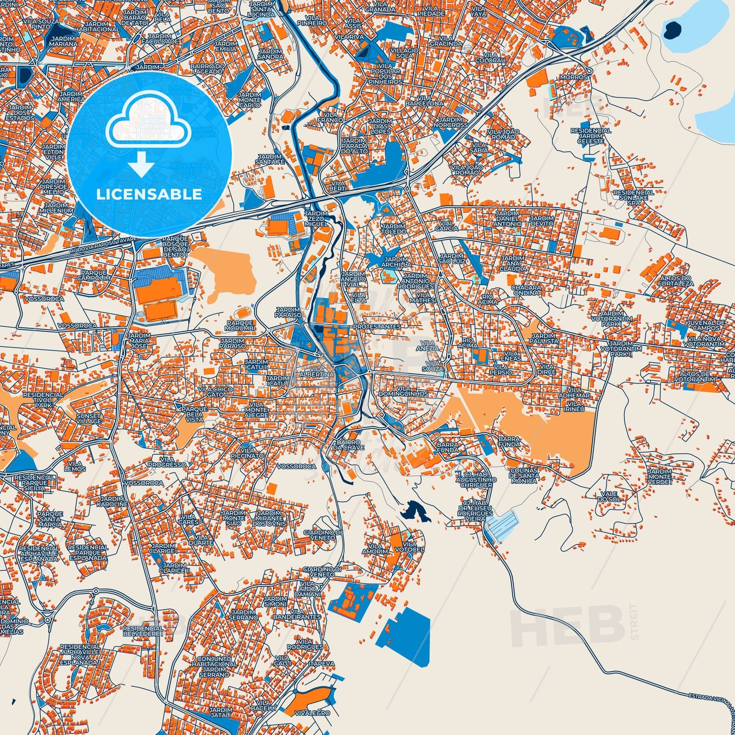 Colorful Votorantim Street Map with Labels and Buildings