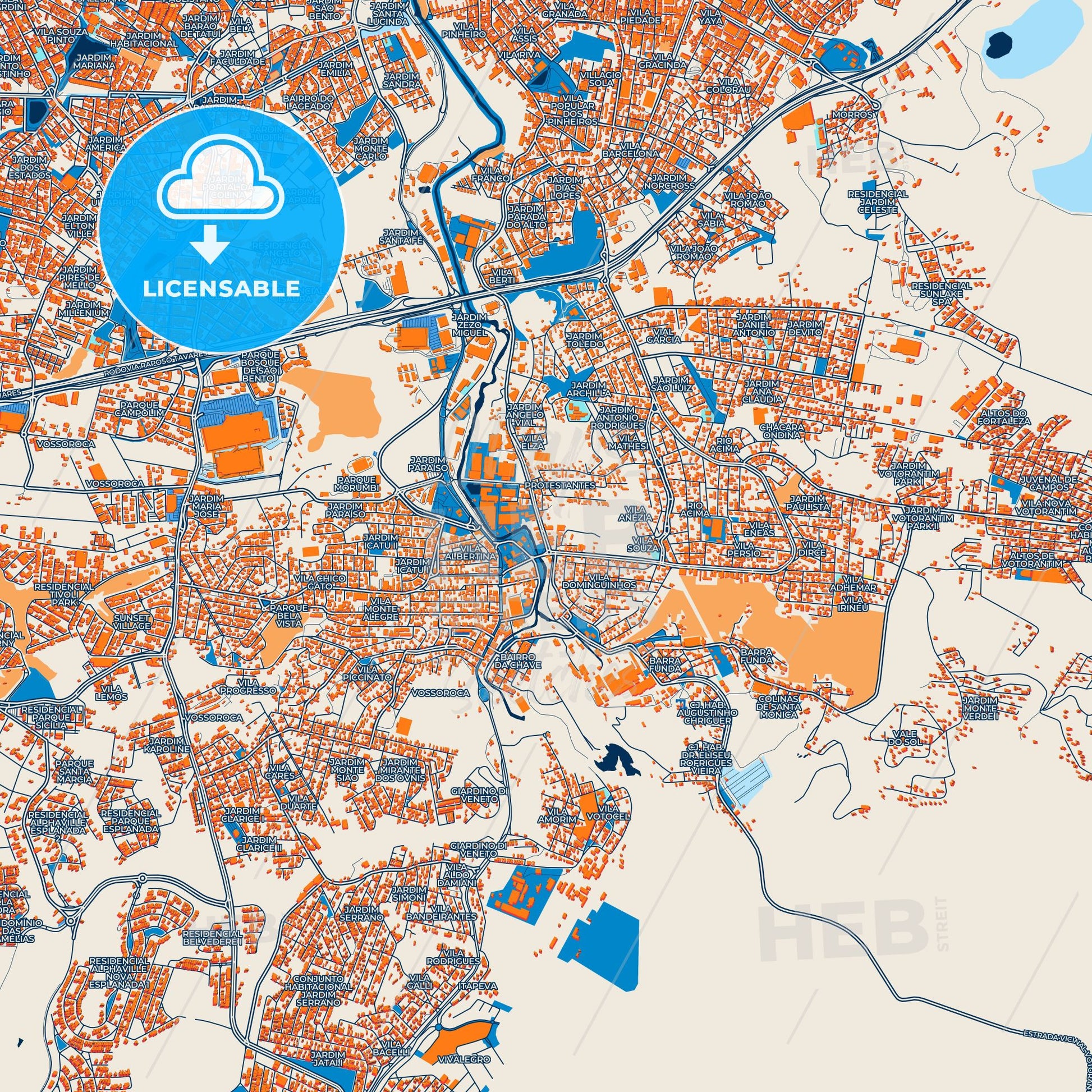 Colorful Votorantim Street Map with Labels and Buildings