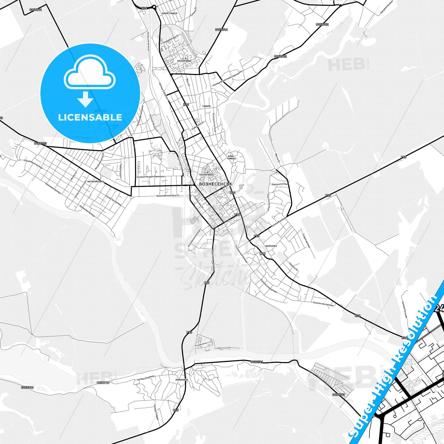 Voznesensk, Ukraine Light Map with Street Names, City Names, and Districts