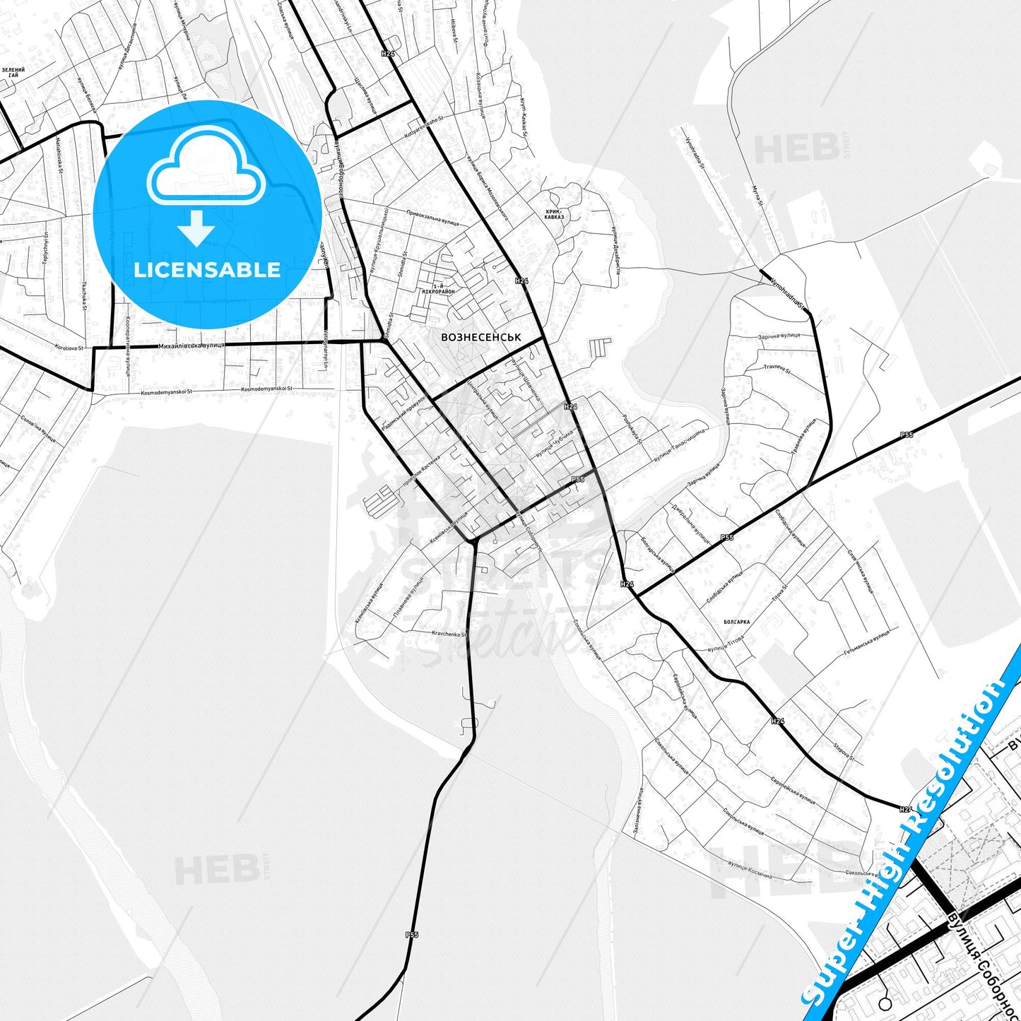 Voznesensk, Ukraine Light Map with Street Names, City Names, and Districts